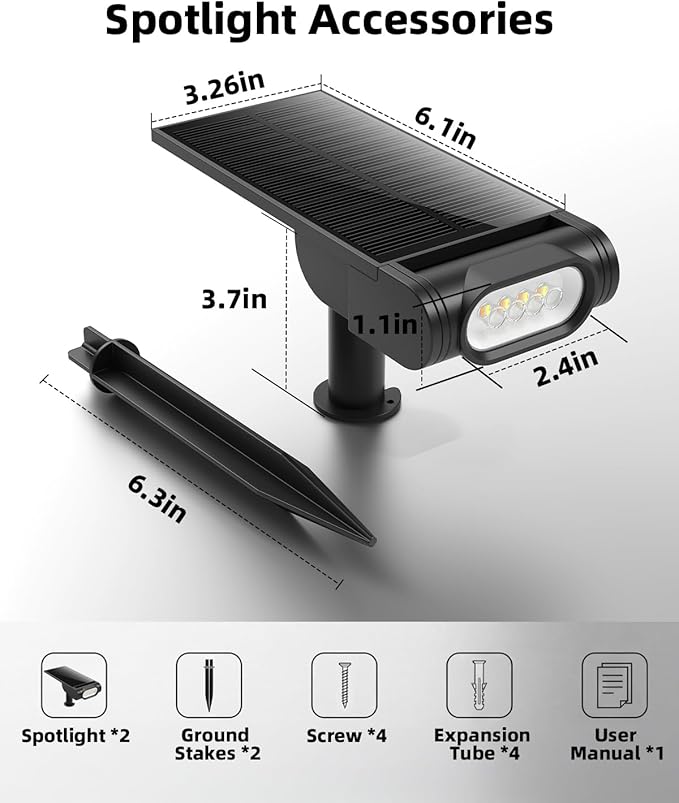 EZVALO Solar Spot Lights Outdoor IP67 Waterproof, Adjustable Solar Landscape Lights, 3 Lighting Modes Solar Spotlights for Outside Yard Garden Plant Trees Pathway Flag (Cool White-2Pack)