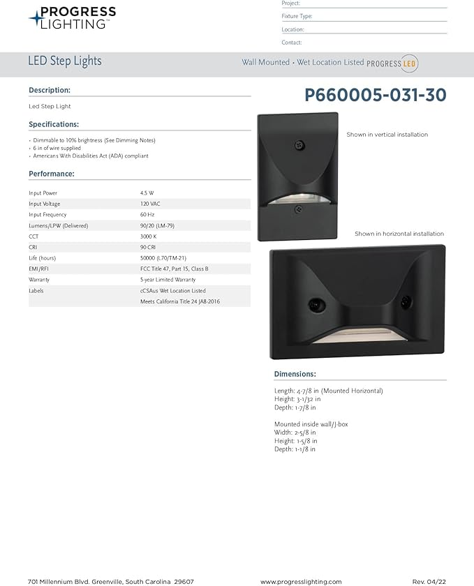 Progress Lighting P660005-031-30 4.5-Watt 3000K Integrated LED Wall or Step Light Black