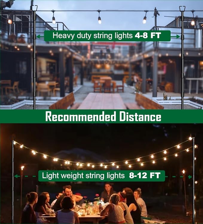 10Ft String Light Poles for Outside, Adjustable Metal Poles for Outdoor String Lights, Rustproof & Sturdy Light Stand Posts for Patio, Backyard, Deck, Garden, Party Decorations