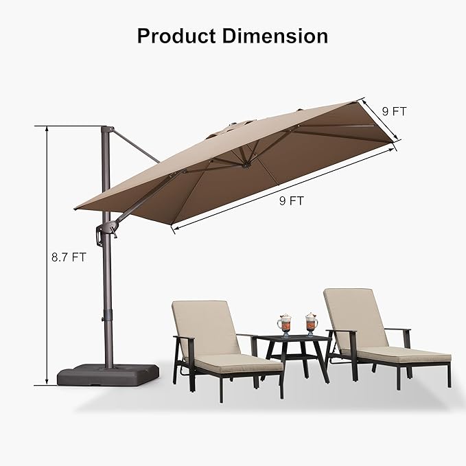 PURPLE LEAF 9' X 9' Patio Umbrella Antique Bronze Square Cantilever Umbrella Outdoor with 360° Rotation and Aluminum Offset Hanging for Pool Deck Garden Backyard, Taupe