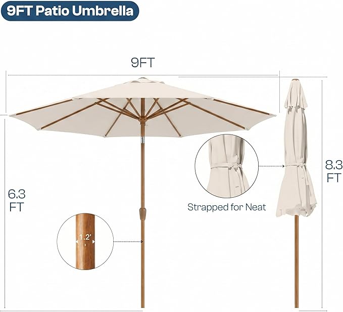 9ft Outdoor Patio Umbrella, Market Table Umbrella with Crank and Easy Push Button Tilt, Wood Grain Frame, UPF 50+ for Pool, Garden, Deck, Backyard