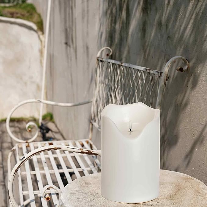 Homemory 6.3" x 8" Extra Large Outdoor Waterproof Candle with Auto 6-Hour Timer, Big Flameless Candle, Extra Wide and Tall Pillar Candle Battery Operated, White Plastic Made, Long Last for Months