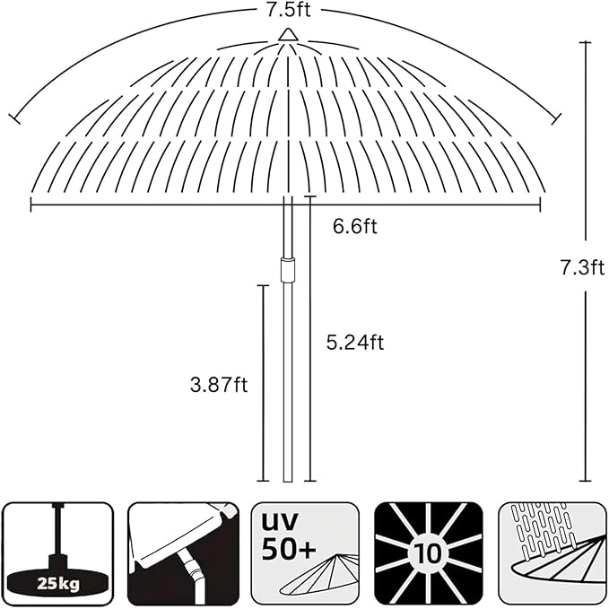 AMMSUN 7.5ft Hula Thatched Tiki Patio Beach Umbrella Hawaiian Style 10 Ribs UPF 50+ with Tilt Carry Bag for Outdoor Tiki Bar, Tropical Palapa, Patio Garden Beach Pool Backyard White