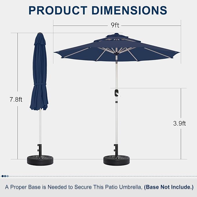 9FT 3-Tier Aluminum Outdoor Patio Umbrella, Fade-Resistant Market Umbrella with Push Button Tilt Function, 8 Sturdy All-Aluminum Ribs for Gardens, Patios, Backyards & Pools