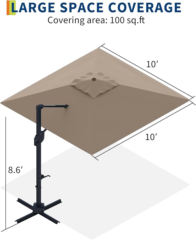 Garvee 10' x 10' Heavy Duty Square Cantilever Umbrella, Aluminum Offset Outdoor Patio Umbrella with 360-Degree Rotation for Backyard, Deck, Pool