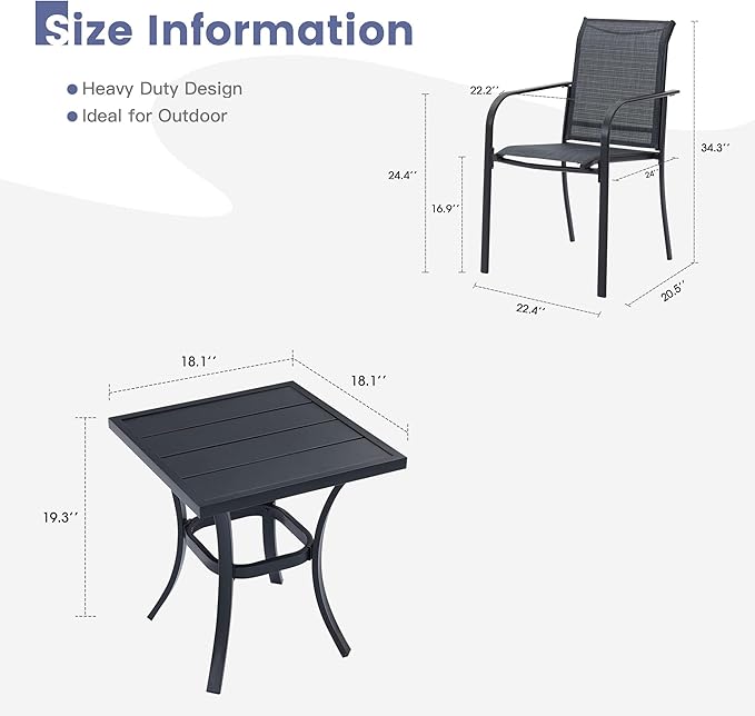VICLLAX Outdoor Set for 2, Small Patio Table and Chairs Set of Stackable Patio Sling Chairs and Square Dining Table for Front Porch, Dark Grey Fabric and Black Table