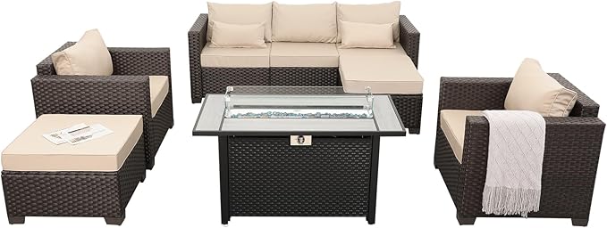 Patio Furniture Set 6-Piece Outdoor Furniture Set with 45'' Propane Gas Fire Pit Table Outdoor Conversation Set Wicker Sofa Set Non-Slip Cushions Waterproof Covers, Khaki