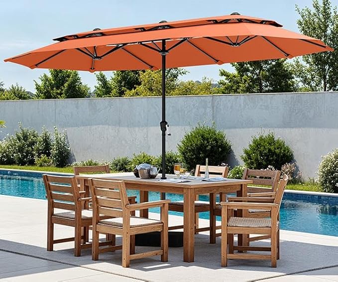PHI VILLA 13ft Large Patio Umbrellas with Base Included, 2-Tier Double-Sided Outdoor Market Rectangle Umbrella for Outside, Orange Red