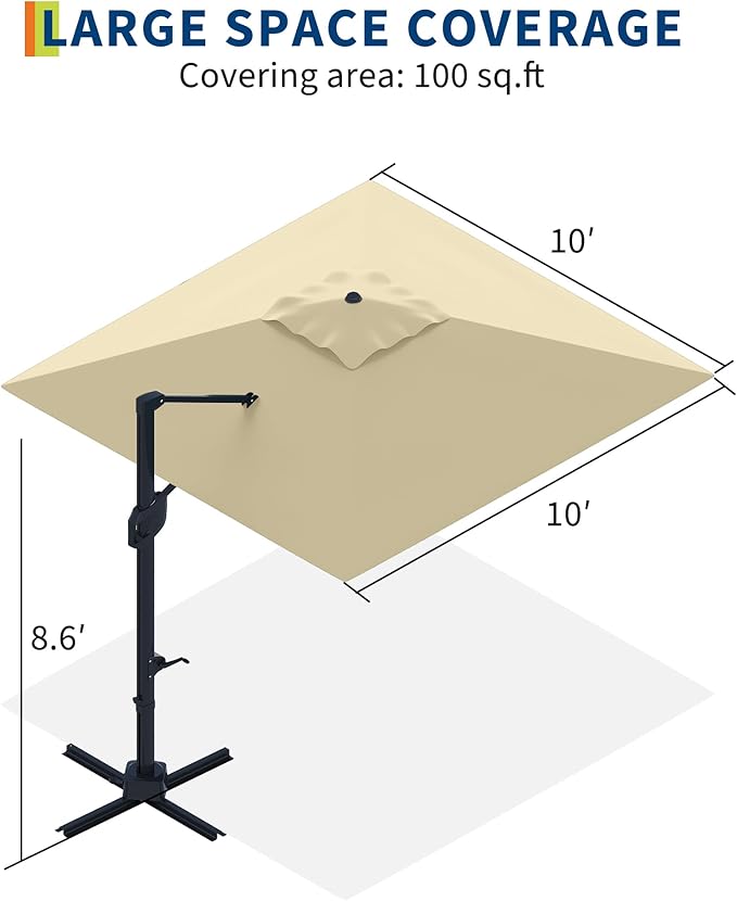 Garvee 10' x 10' Heavy Duty Square Cantilever Umbrella, Aluminum Offset Outdoor Patio Umbrella with 360-Degree Rotation for Backyard, Deck, Pool
