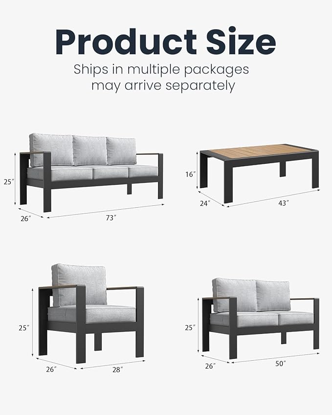 7 Pieces Aluminum Outdoor Patio Furniture Set with Coffee Table, Outside Metal Patio Conversation Sets with Deep Seating and Thick Cushions