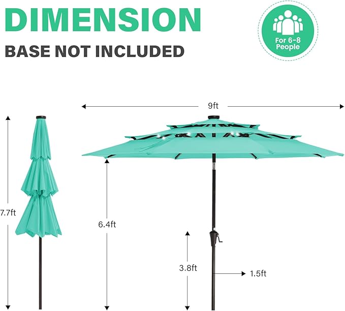 JEAREY 3 Tiers Patio Umbrella with Solar Lights 9ft Outdoor Market Table Umbrellas with Push Button Tilt for Outside Pool Garden, Peacock Blue