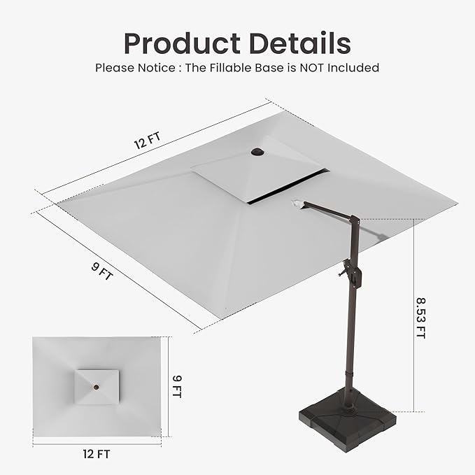 9x12 FT Cantilever Patio Umbrella with Led Lights Double Top Outdoor Rectangular Large Heavy Duty Aluminum Offset Umbrellas with 7 Level Tilt 360-degree Rotation for Pool Garden Deck, Fog Grey