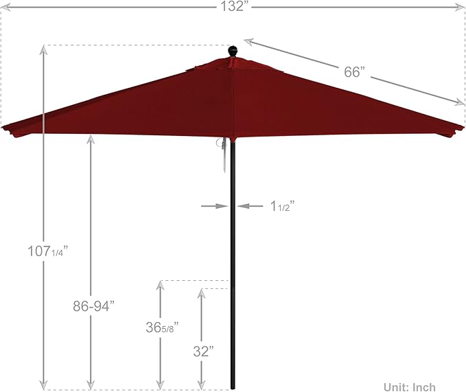 California Umbrella 11Ft Commercial Grade Market Umbrella, Pulley Lift, Aluminum/Fiberglass, 2mm pole wall, Black Frame, Solution Dyed Red Fabric