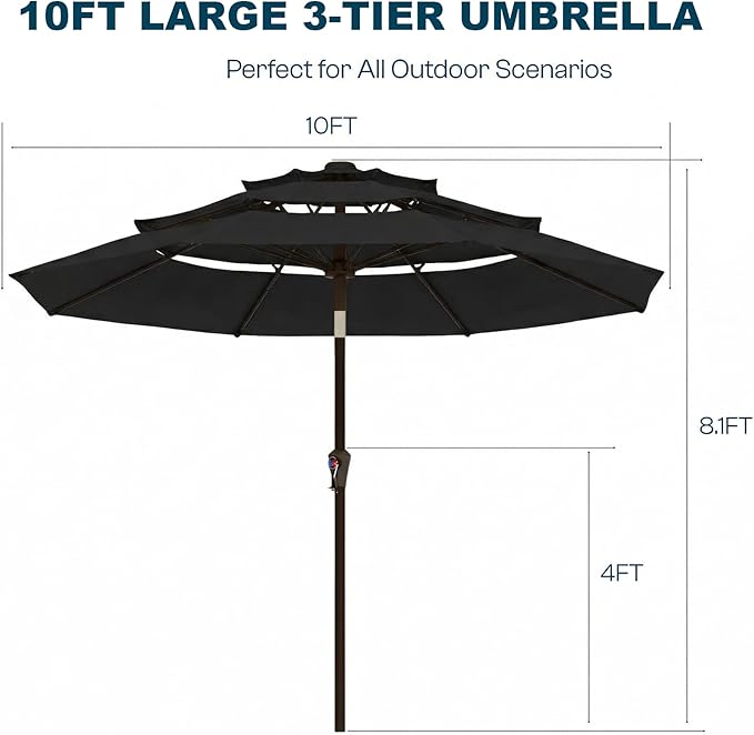 10ft Patio Umbrella, 3 Tier Outdoor Market Table Umbrellas with 8 Fiberglass Ribs and Push Button Tilt, Windproof, Vented Canopy, UV Protection for Deck, Pool, Backyard