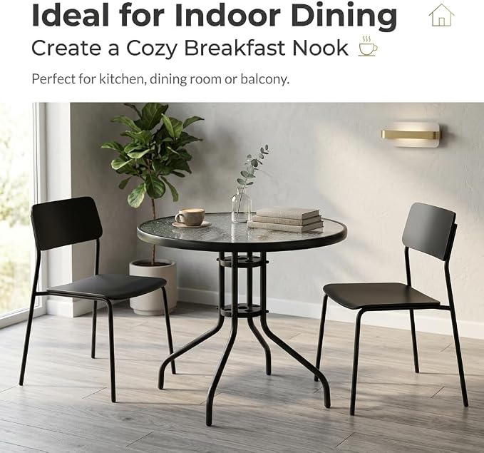 31.5" Indoor/Outdoor Glass Patio Table, Round Tempered Glass Top with Metal Frame, Bistro Dining Table for Balcony, Garden, Patio, Assembly Required