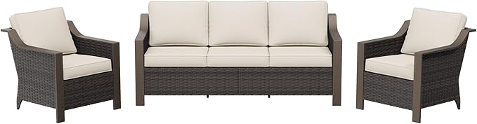 3 Pieces Outdoor Patio Conversation Furniture Set - 75" 3-seat Sofa | 2 Wicker Chairs, Metal Wicker Couch, Removable Cushions, PE Rattan, Metal armrests, Yard (Beige and Brown Stripe)