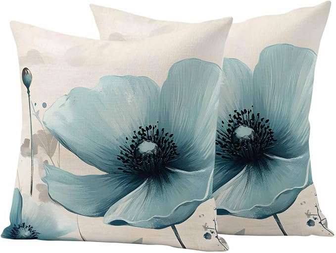 Blue Flowers Butterfly Outdoor Waterproof Throw Pillow Covers Set of 2, 20"x20", Watercolor Retro Leaf Pastoral Style Decorative Pillow Covers Outside Cushion Case for Patio Porch Garden