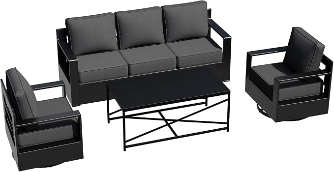 Outdoor Aluminum Furniture Set, 4-Piece Patio Conversation Set, 2 Swivel Chairs, 1 Sofa and 1 Table, All-Weather Metal Frame, 6" Thick Removable Cushions, Deep Setting for Garden, Poolside and Porch