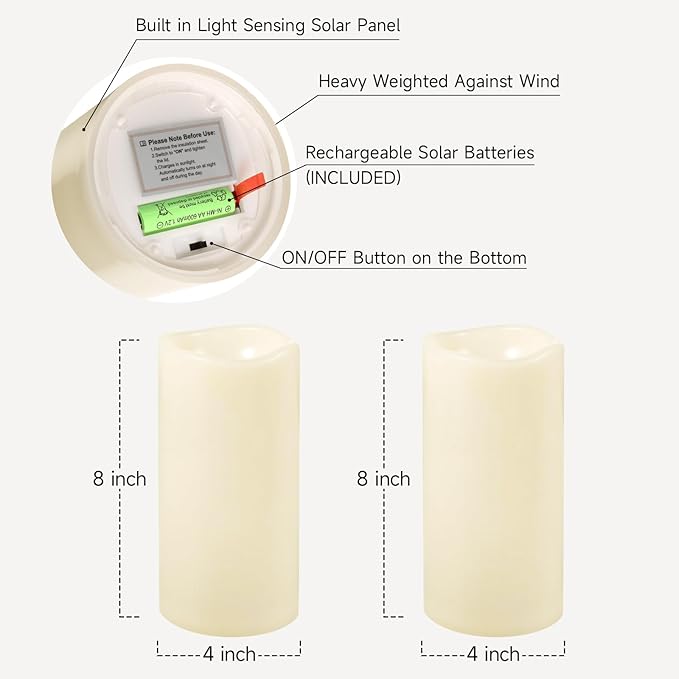 NURADA Large Outdoor Solar Candles Waterproof - 8" x 4" Rechargeable Solar Powered Flameless LED Pillar Flickering Candle for Patio Porch Lanterns Decor - Ivory Set of 2