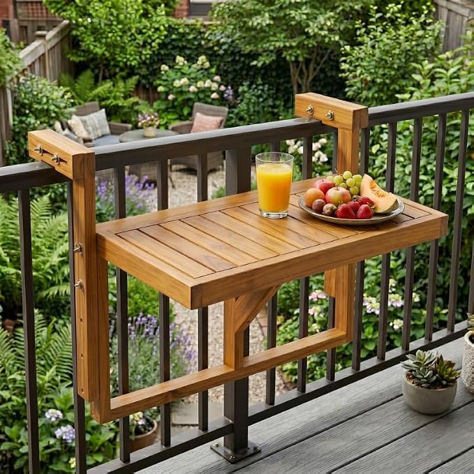 Acacia Wood Balcony Hanging Table – Stable Fixed Outdoor Railing Table – Weather-Resistant White Finish – Adjustable Mounting for Small Balcony, Patio, and Porch (Natural Wood - 1pc)