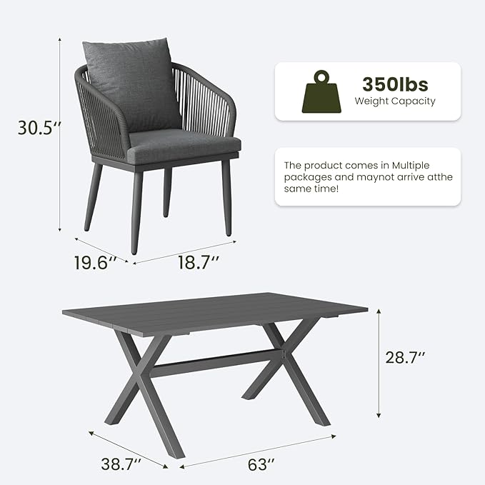 LayinSun 5 Pieces Outdoor Patio Dining Set, Aluminium Rectangular Dining Table and Wicker Rattan Chairs Set for Outside Backyard, Poolside