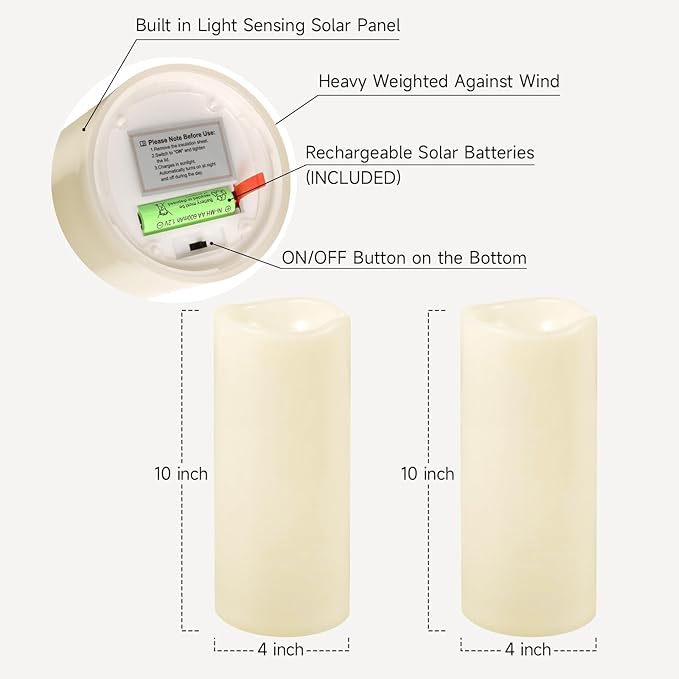 NURADA Large Outdoor Solar Candles Waterproof - 10" x 4" Rechargeable Solar Powered Flameless LED Pillar Flickering Candle for Patio Porch Lanterns Decor - Ivory Set of 2