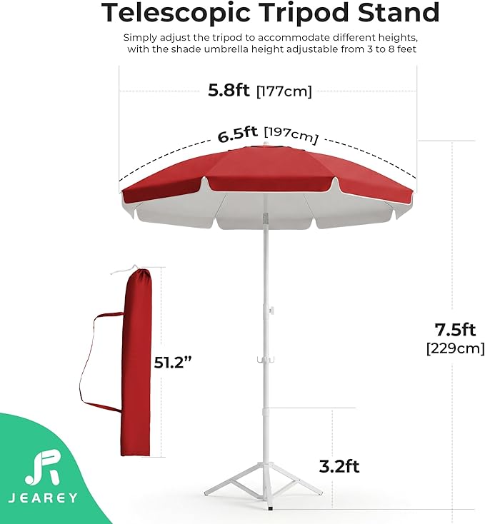 JEAREY 6.5ft Sun Shade Umbrellas, Portable Umbrella with Stand, Lightweight Sun Protection Free Standing Sport Umbrella for Outdoor Sports, Camping, Fishing, Patio, Beach, Red