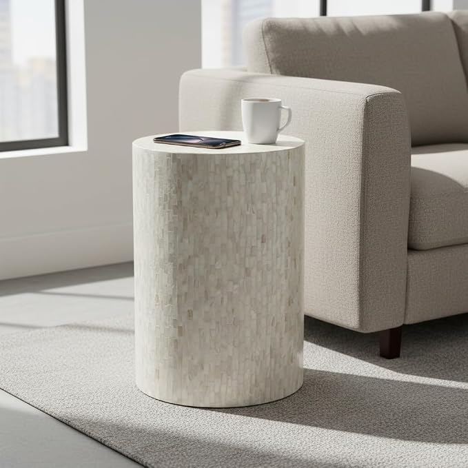 PEMAR Mother of Pearl Cylinder Drum End Table Nacre Side Stool Round Accent Table Coffee Bedside Nightstand and Vanity Stool 13" Diameter x 19.3" High Pearl White & Cream
