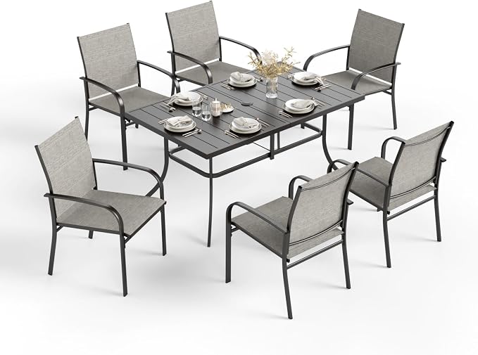 HERA'S HOUSE 7pc Outdoor Patio Dining Set for 6, Textilene Chairs, Brown | 60" rectangular metal table with umbrella hole. Waterproof, rust-resistant, all-weather for backyard, porch