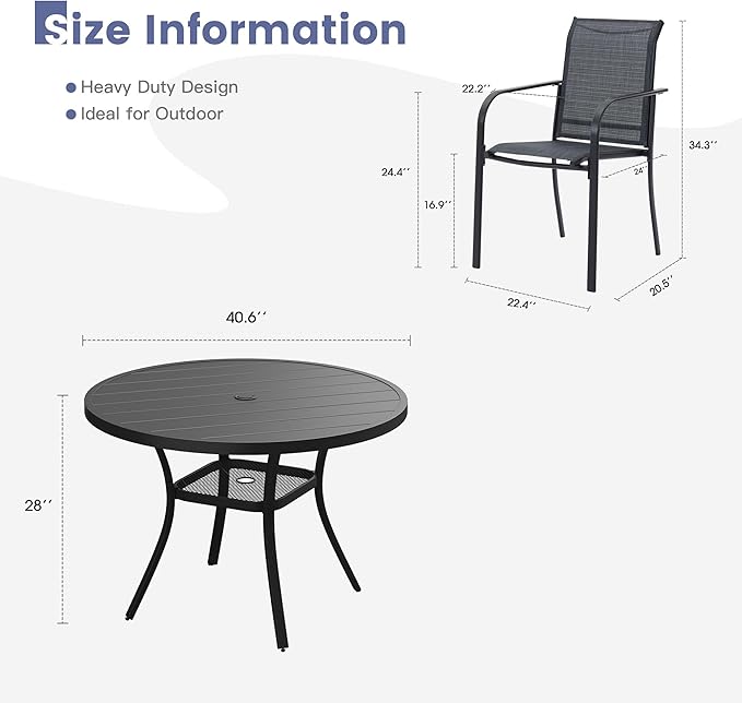VICLLAX Round Outdoor Dining Set, Patio Table and Chairs Set Set of 4 Patio Stackable Chairs and 40.6" Outdoor Round Table with Umbrella Hole for Backyard Lawn Garden, Dark Grey Chairs and Black Table