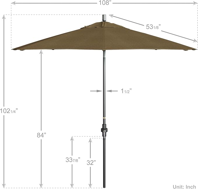 California Umbrella 9' Rd. Crank Lift, Collar Tilt, Aluminum Pole, Fiberglass Rib Patio Umbrella, Hammertone Grey Finish, Sunbrella Linen Sesame
