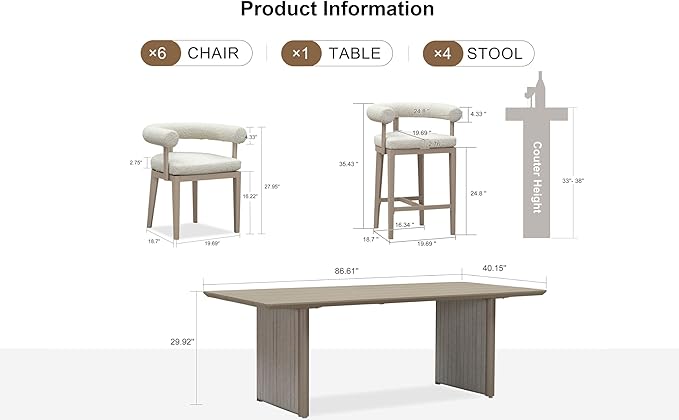 PURPLE LEAF Patio Dining Set 7 Pieces Luxury Modern Conversation Set with Counter Stools Aluminum Large Rectangle Dining Table and Chairs with Olefin Cushion Outdoor Furniture Set for Garden Deck