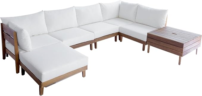 8-Piece Acacia Wood Outdoor Patio Sofa Set, Modular Sectional Furniture Set with Storage Tea Table, Coffee Table and Cushions for Backyard, Poolside, Indoor&Outdoor,Beige