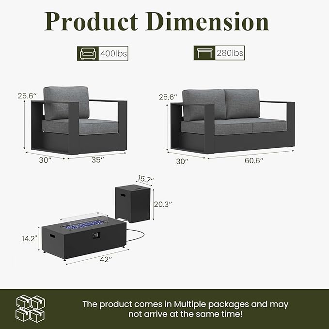 LayinSun Oversized Aluminum Outdoor Furniture Set, 4 Piece Patio Sofa Sets with Fire Pit Table, Deep Seating and Upgraded 6-inch Cushions for Porch, Balcony, Deck