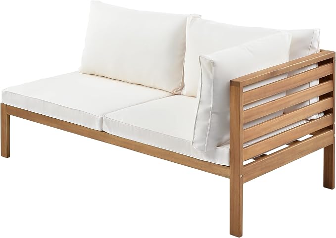 4 Piece Outdoor Patio Sectional Sofa w/Comfort Seat Cushions, All Weather Acacia Wood Patio Sectional Conversation Seat with Plus Coffee Table and Strong Metal Accessories, Water-resistant (Beige+AC)