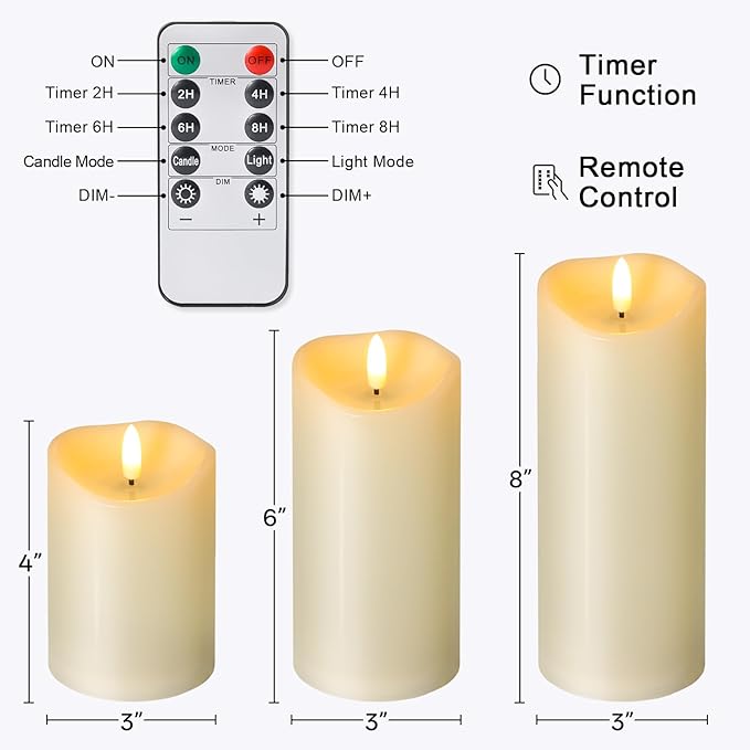 Outdoor Flameless Candles with Remote Timer - Waterproof Realistic Flickering LED Pillar Electric Battery Operated Fake Candle for Home Patio Wedding Fireplace Decor - Ivory 3 Pack (D3”H4”6”8”)