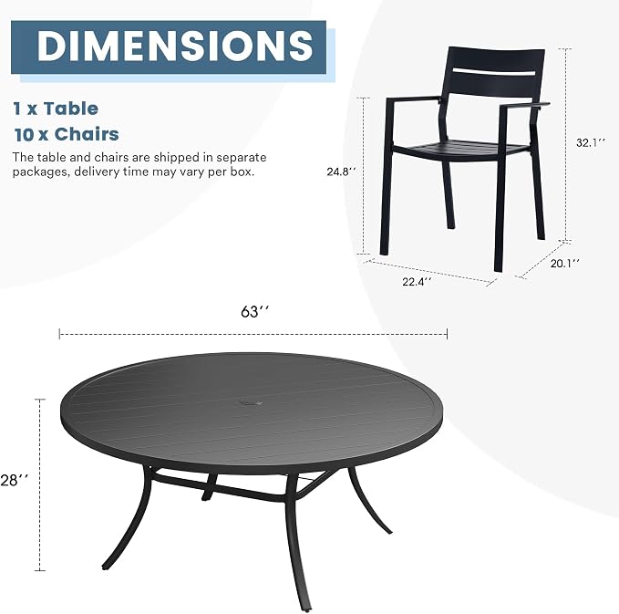 DIFY 11 Piece Outdoor Patio Dining Set for 10, Patio Table and Chairs Set with Umbrella Hole, 63" Round Dining Table and Stackable Metal Chairs for Backyard Garden Poolside, Black