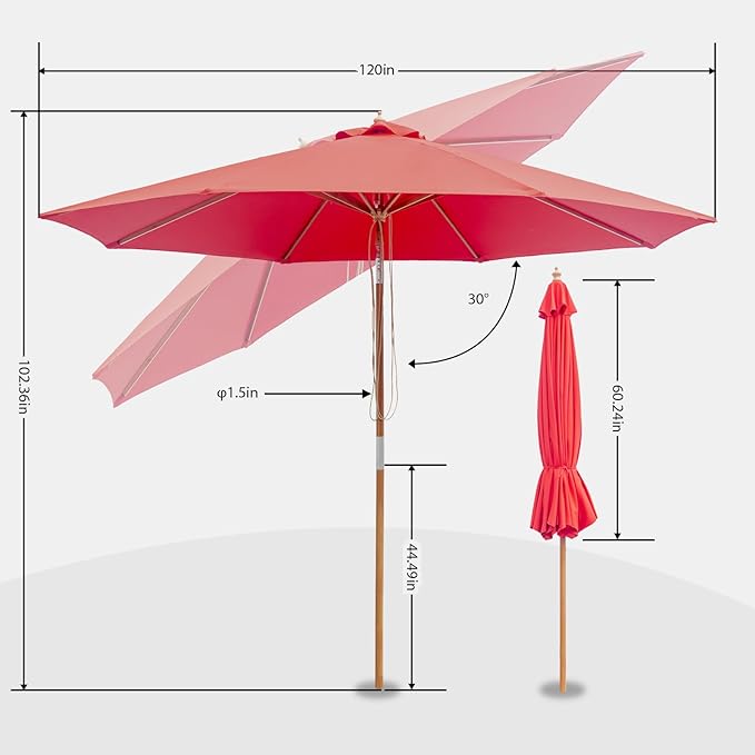 9FT/10FT Bamboo Patio Umbrella, Large Outdoor Umbrella with UPF 50+ Sun Protection, Rope Pulley Lift & Push-Button Tilt, 8-Rib Ventilated Canopy for Garden, Deck, Backyard & Outdoor Dining