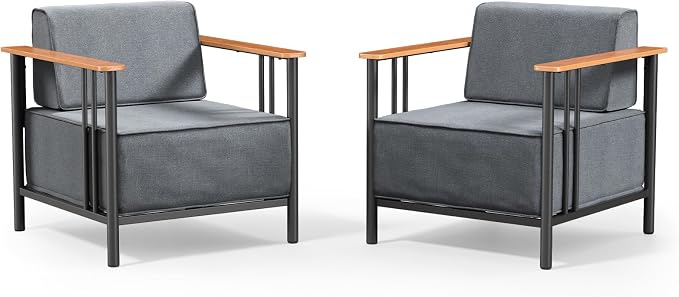 Luxury Patio Chairs Set of 2 with 10" Extra Thick Cushions, Outdoor Furniture with Rustproof Metal Frame and Olefin Fabric, Outdoor Patio Chairs for Porch, Balcony, Deck, Yard, Black/Grey