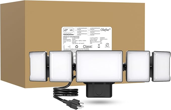Olafus 130W Flood Lights Outdoor Plug in, 13000LM LED Security Light, 6500K Exterior Flood Lights with 5 Adjustable Heads, IP65 Waterproof Outdoor LED Safety lamp for Backyard Garage Patio Black