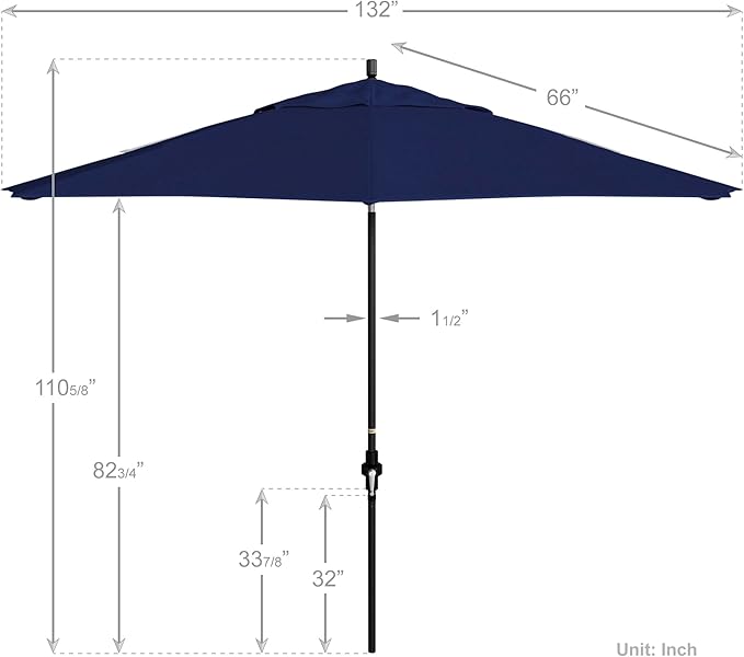 California Umbrella 11Ft Premium Sunbrella Patio Umbrella, Hand-Crank, Tilt-Collar, Black Frame, True Blue Fabric