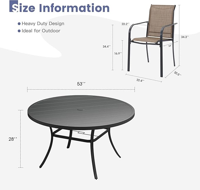 VICLLAX Round Outdoor Dining Set, Patio Table and Chairs Set Set of 8 Patio Stackable Chairs and 53" Outdoor Round Table with Umbrella Hole for Backyard Lawn Garden, Brown Chairs and Black Table