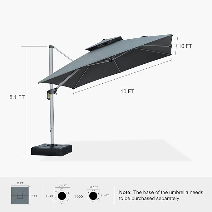 PURPLE LEAF 10ft Cantilever Outdoor Patio Umbrella Large Heavy Duty 360° Rotation Double Top Offset Rectangular Umbrellas for Backyard Deck Pool, Cast Slate