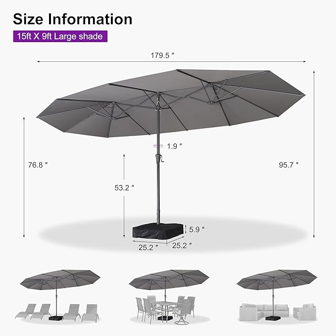 PURPLE LEAF 15ft Patio Umbrella with Base Included Double-Sided Rectangle Market Outdoor Umbrella Table Umbrella with Crank for Pool Garden Deck, Grey