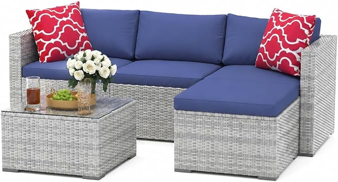 GAOMON 5 Piece Outdoor Patio Furniture Set, All-Weather PE Wicker Sectional Couch Set with Cushions and Ottomans, Outdoor Patio Conversation Set with Glass Table for Backyard, Porch, Balcony