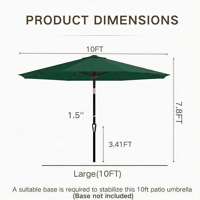 Kingdura 10FT Outdoor Patio Umbrella with Solar Lights, Market Table Umbrella with Push Button Tilt & Crank, 8 Sturdy Ribs, 32 LED Lights, UV Protection for Garden Lawn Deck Backyard Pool (Dark green)