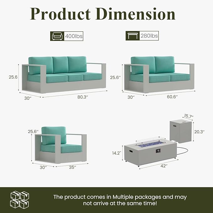 LayinSun Oversized Aluminum Outdoor Furniture Set, 5 Piece Patio Sofa Sets with Fire Pit Table, Deep Seating and Upgraded 6-inch Cushions for Porch, Balcony, Deck
