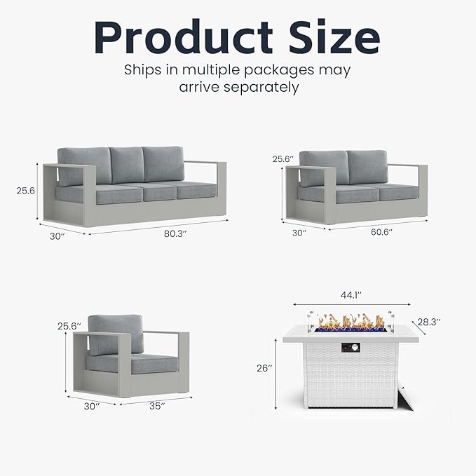 5 Pieces Patio Furniture Set with Fire Pit Table, Metal Modern Conversation Set with Deep Seating and Widened Aluminum Frame for Deck, Porch, Garden