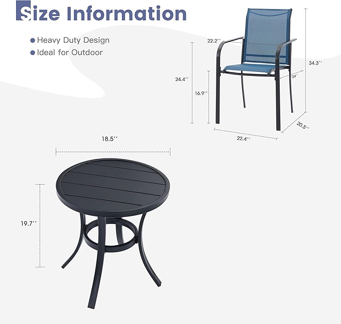 VICLLAX Outdoor Set for 2, Small Patio Table and Chairs Set of Stackable Patio Sling Chairs and Round Dining Table for Front Porch, Blue Fabric and Black Table