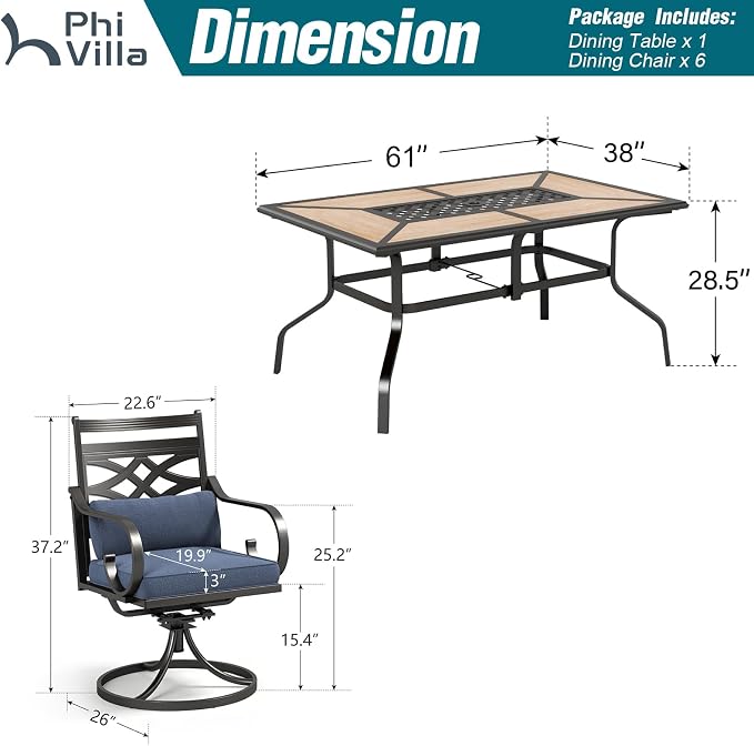 PHI VILLA 7 Pieces Outdoor Dining Set for 6, 61" Rectangle Metal Table with Umbrella Hole & Wrought Iron Swivel Chairs, Patio Furniture with Blue Cushions & Pillows for Deck, Porch, Backyard